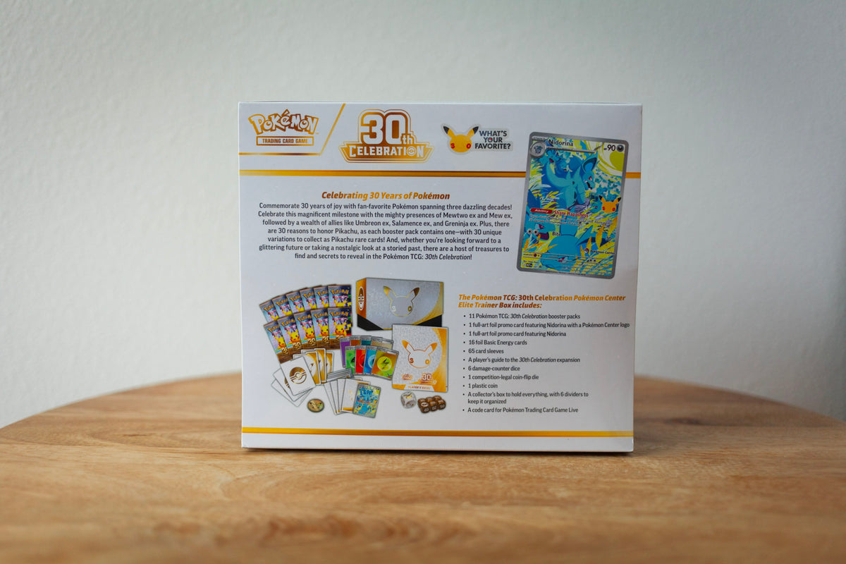 Pokemon - 30th - Pokemon Center Elite Trainer Box sealed product photo, back - Arcane Supply Co.