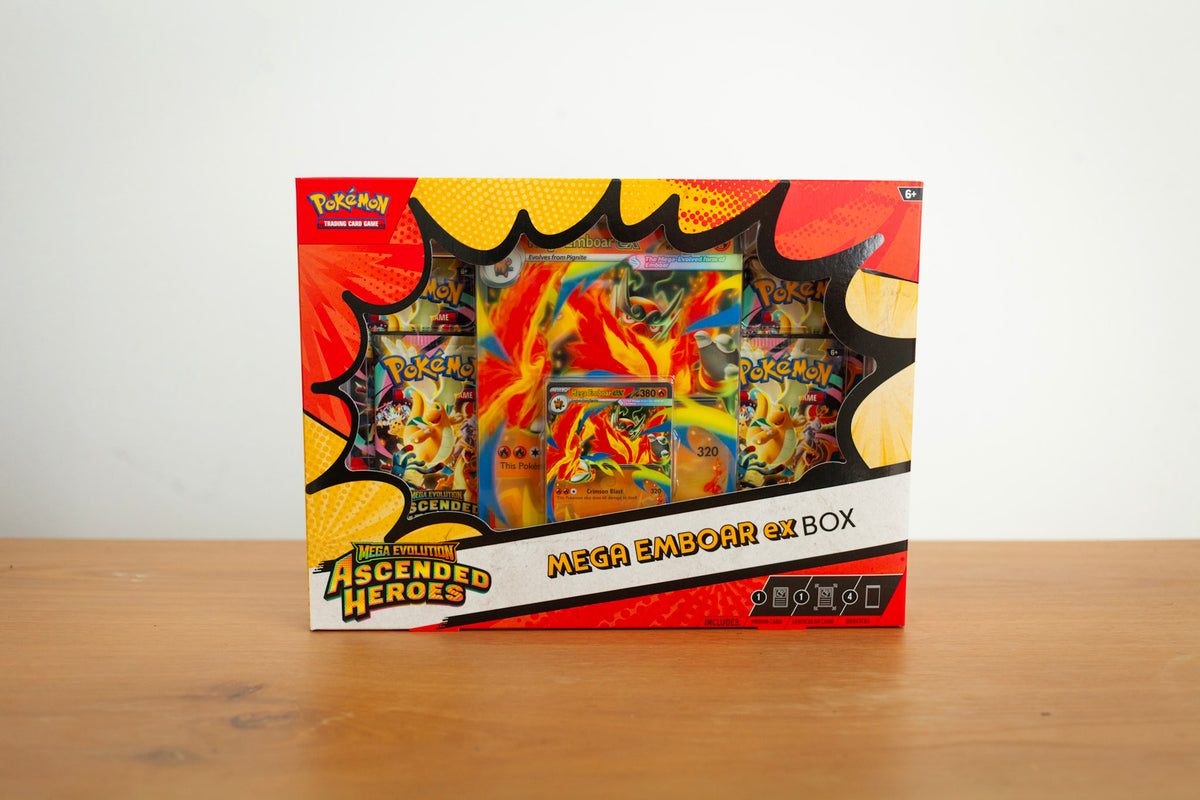 Pokemon - Ascended Heroes - Mega Emboar EX Box sealed product photo, front - Arcane Supply Co.