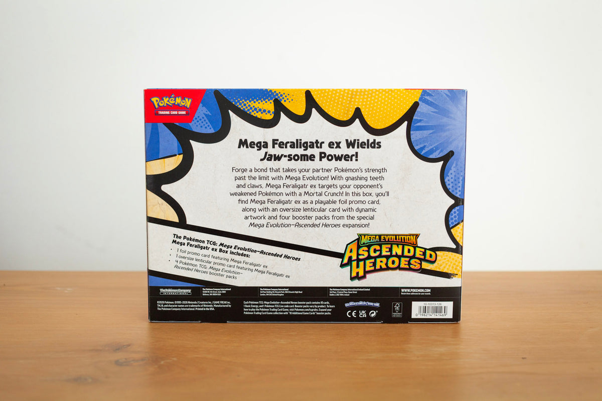Pokemon - Ascended Heroes - Mega Feraligatr EX Box sealed product photo, back - Arcane Supply Co.