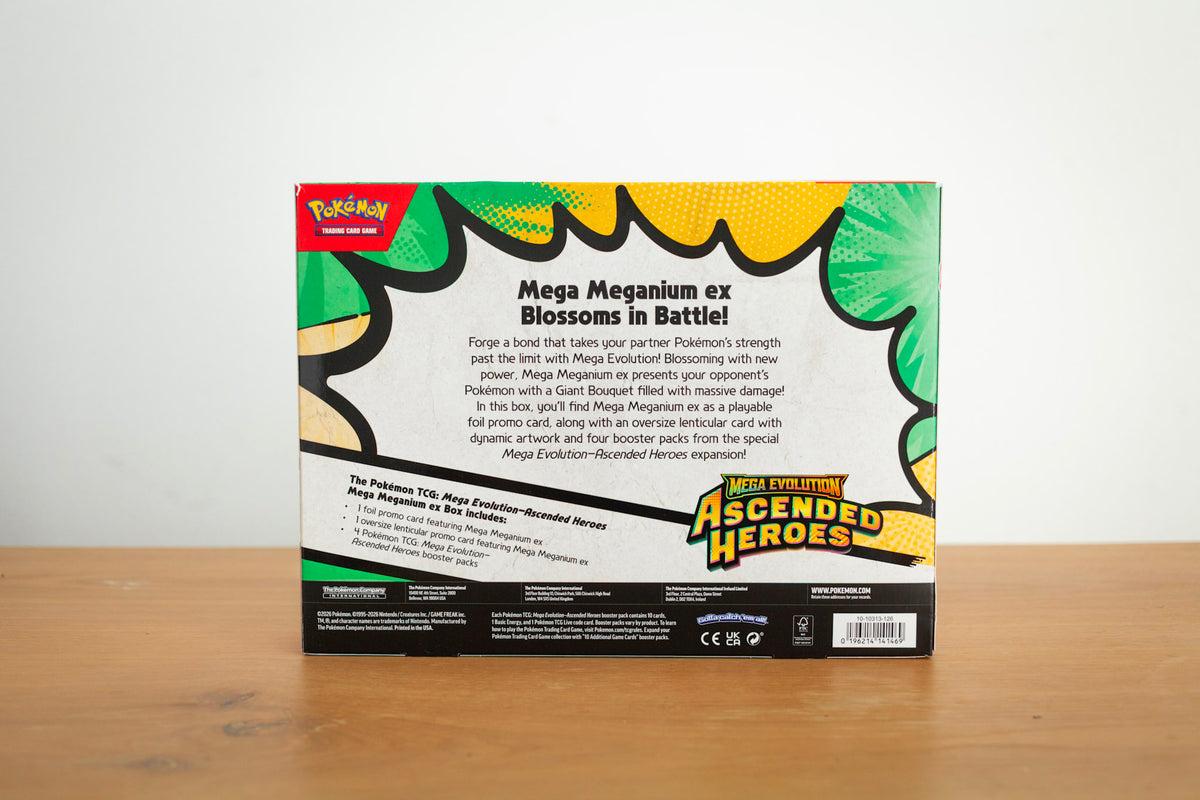 Pokemon - Ascended Heroes - Mega Meganium EX Box sealed product photo, back - Arcane Supply Co.