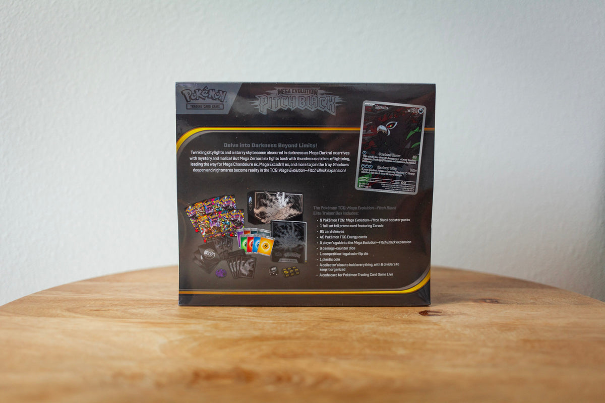 Pokemon - Mega Evolution - Pitch Black - Elite Trainer Box sealed product photo, back - Arcane Supply Co.